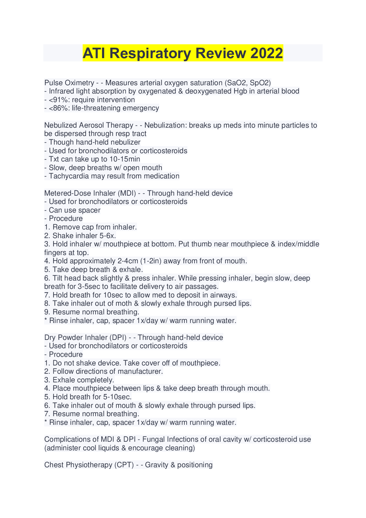 Preview image of ATI Respiratory Review 2022 document